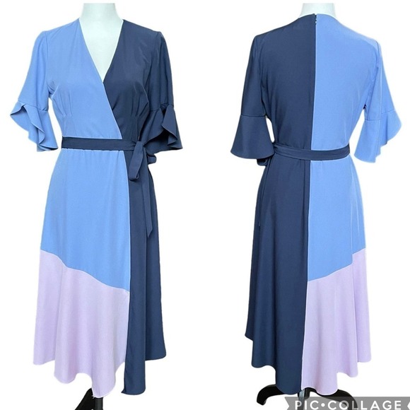 Hutch Pastel Colorblock Faux Wrap Midi Dress Blue Size 2 Mother's Day Wedding - Picture 3 of 12